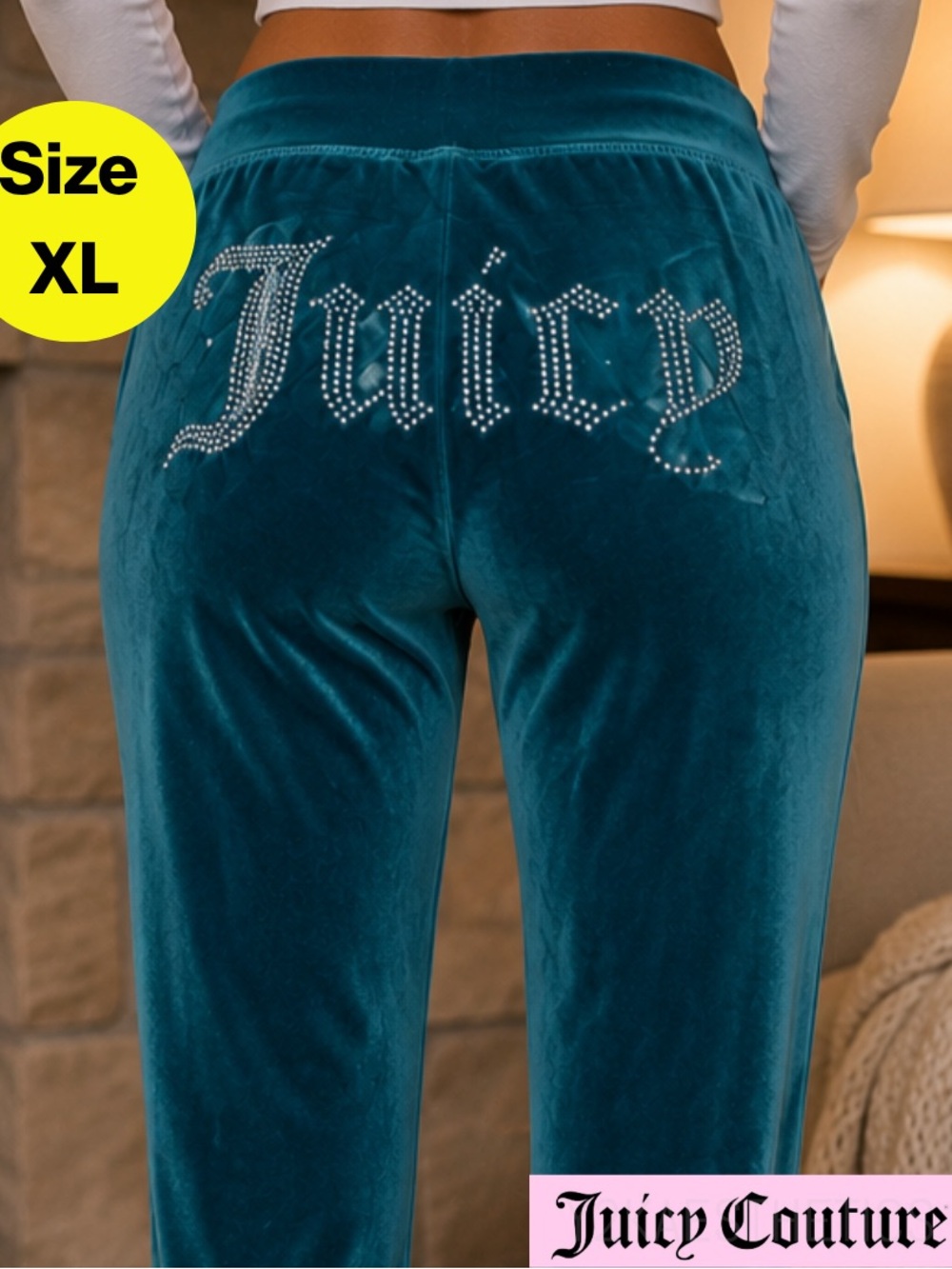 JUICY COUTURE 💎 Velour Flare Joggers, Rhinestone Booty - Teal (Size X-Large)